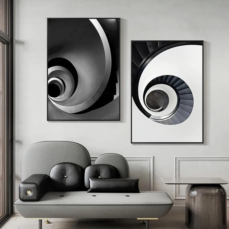 북유럽 캔버스 회화 흑백 건물 나선형 계단 포스터 및 인쇄 벽 예술 그림 거실 장식 홈 장식
